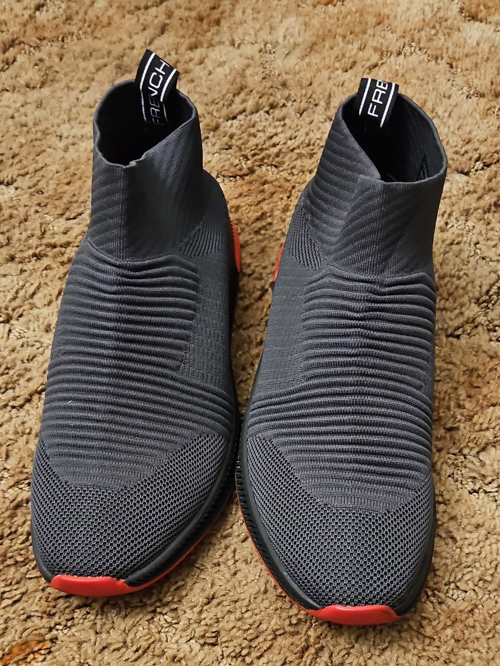 French Connection Men's Grey Knit Slip-On Sneakers with Red Accents